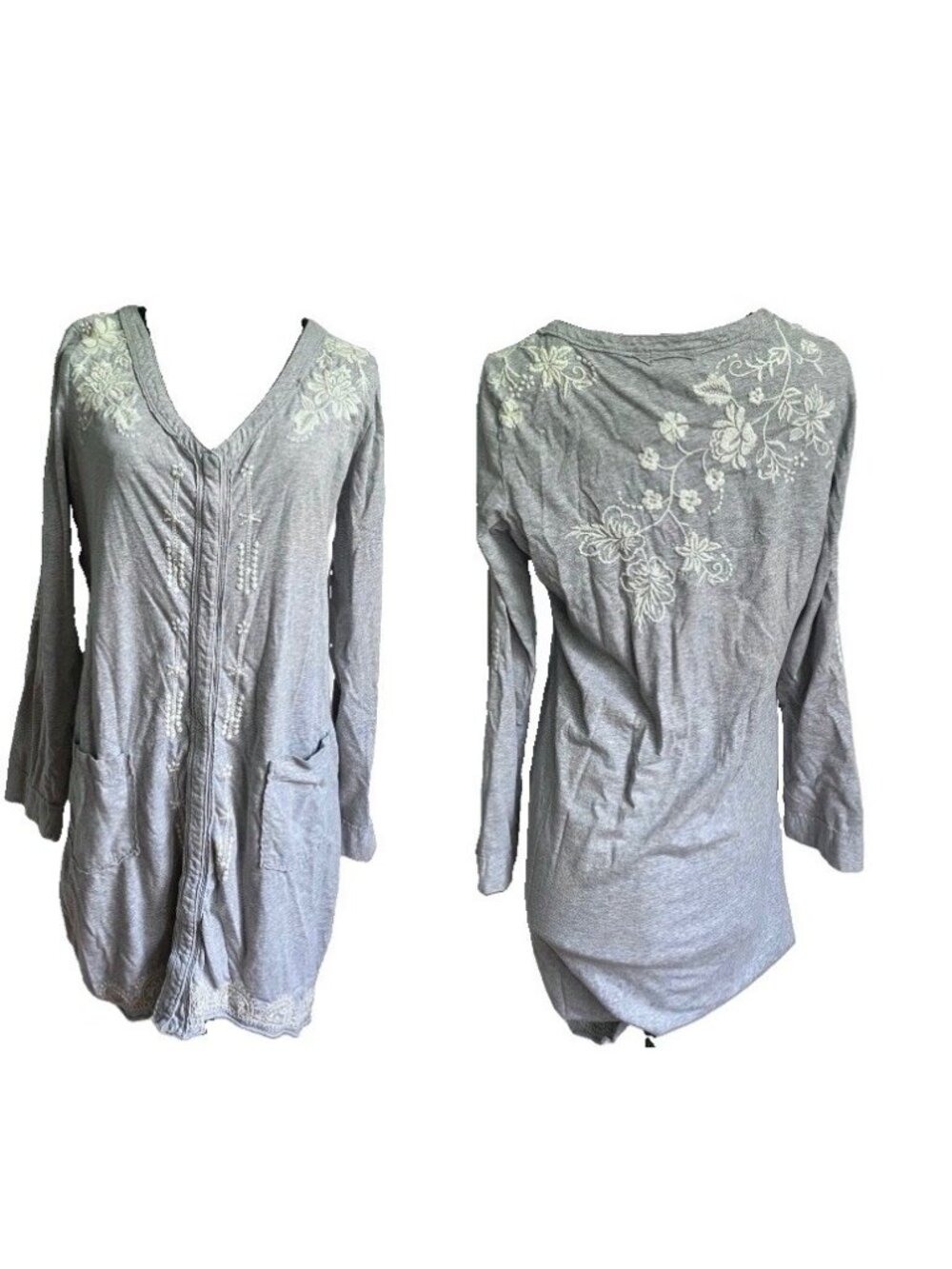 Sundance Embroidered Tunic Top Large Grey White Floral Pocketed